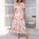 Diyun's Spring/Summer 2025 Cross-border casual Pomixia vacation style printed color-blocking V-neck high-waisted short-sleeved dress