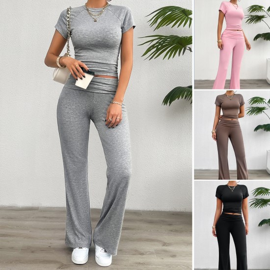 Diyun Cross-border Foreign Trade Women's Clothing Amazon Spring/Summer 2024 Casual Solid Color Slim Short-sleeved and long Pants Set