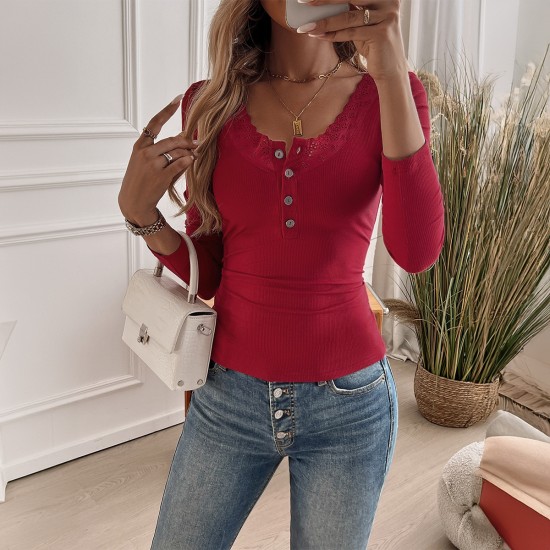 Diyun European and American 2025 New Amazon Women's Wear Y2K stylish threaded button lace U-neck knitted long-sleeved top