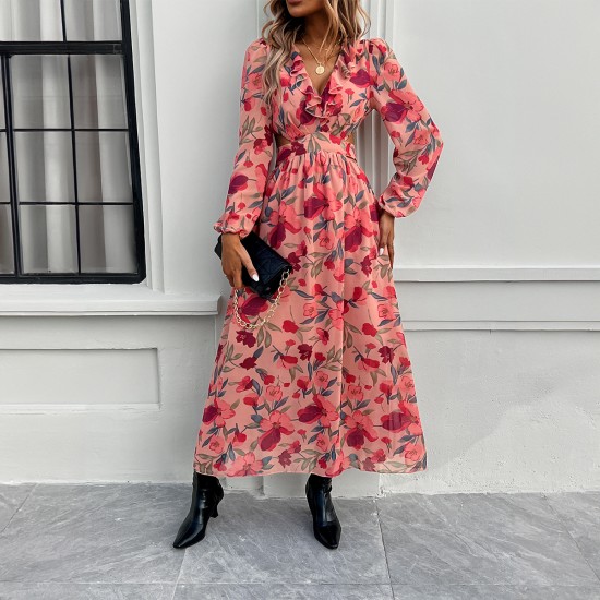 Diyun Cross-border European and American women's clothing Amazon Spring/Summer 2025 Foreign Trade vacation Casual color-blocking printed V-neck dress