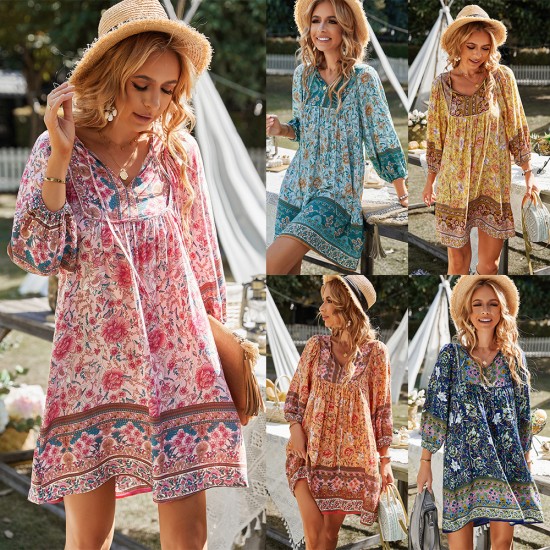 Self-shot Amazon European and American casual vacation style dress 2025 Summer independent station printed V-neck women's clothing